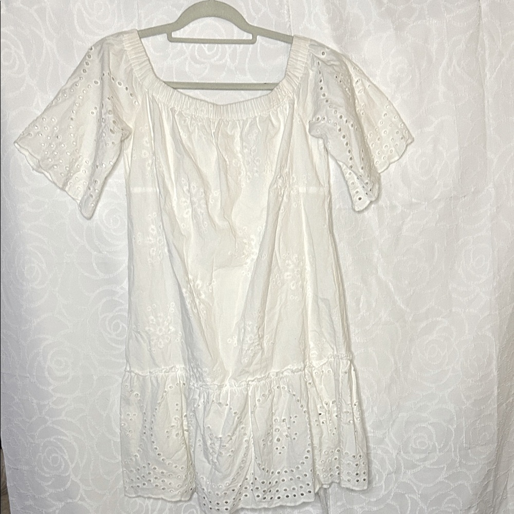 REBELLION AGAIN white Off the Shoulder eyelet cotton summer dress. Size Medium.